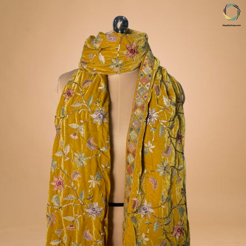 Yellow Floral With Embroidered Work Velvet Dupatta - Kapda Shop
