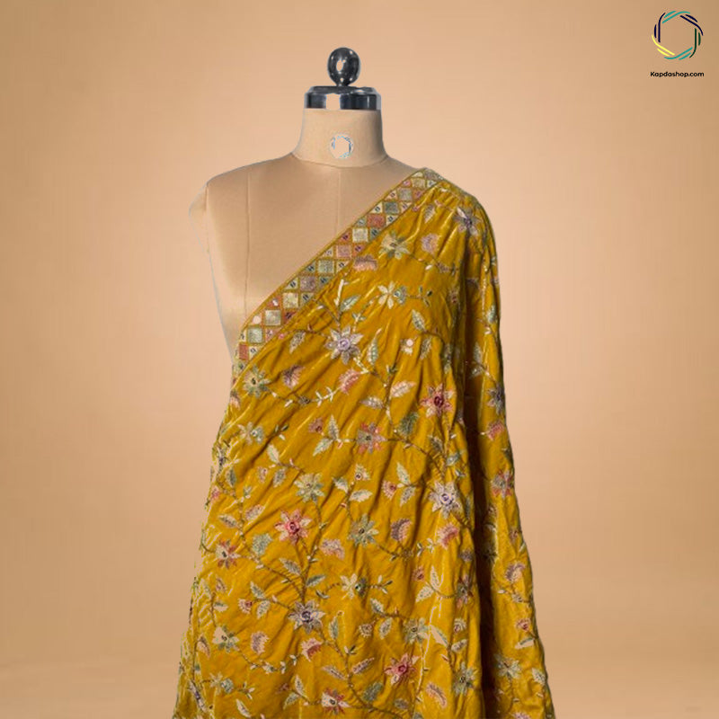 Yellow Floral With Embroidered Work Velvet Dupatta - Kapda Shop