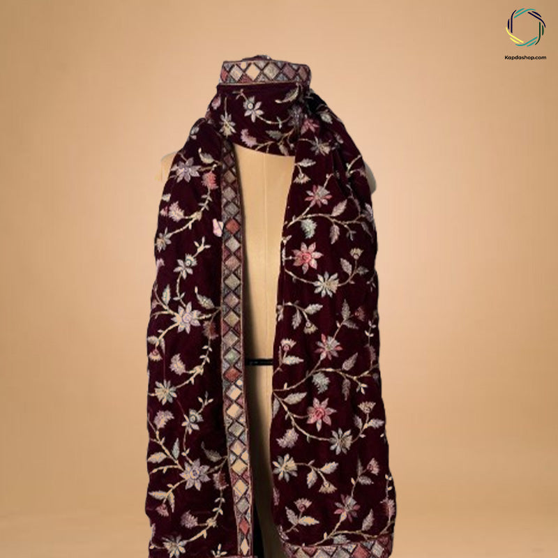Maroon Floral With Embroidered Work Velvet Dupatta - Kapda Shop