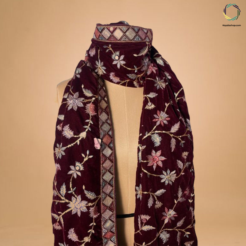 Maroon Floral With Embroidered Work Velvet Dupatta - Kapda Shop