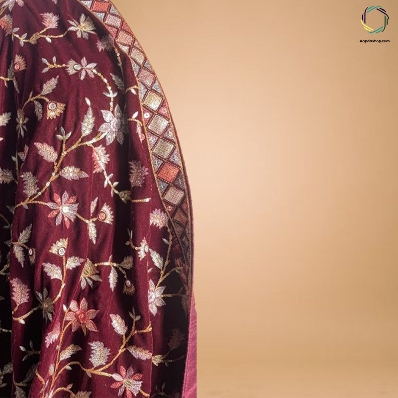 Maroon Floral With Embroidered Work Velvet Dupatta - Kapda Shop