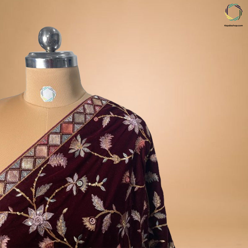 Maroon Floral With Embroidered Work Velvet Dupatta - Kapda Shop