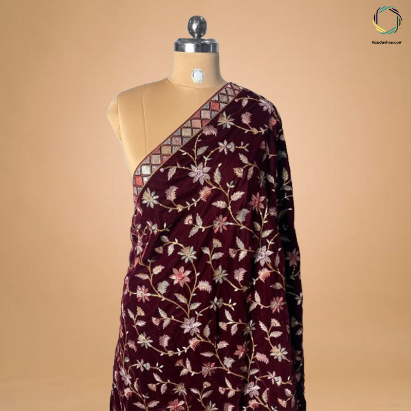 Maroon Floral With Embroidered Work Velvet Dupatta - Kapda Shop