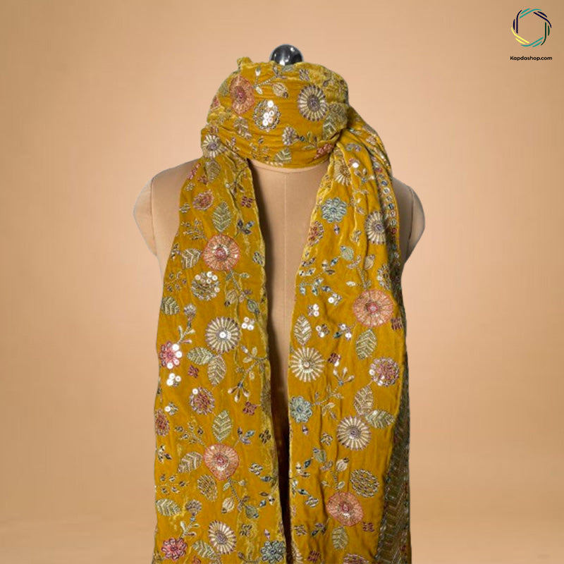 Yellow Floral With Embroidered Work Velvet Dupatta - Kapda Shop