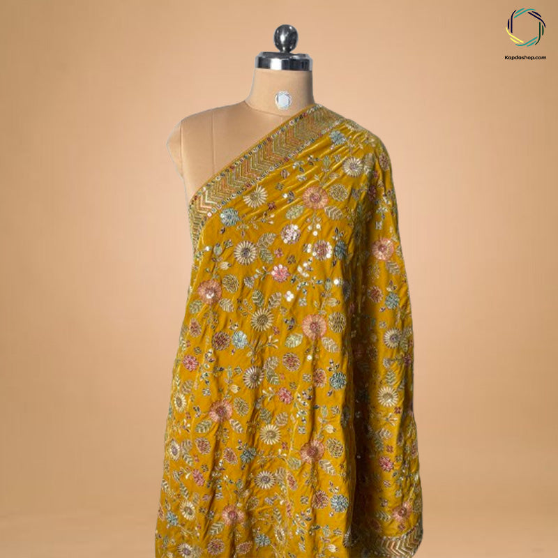 Yellow Floral With Embroidered Work Velvet Dupatta - Kapda Shop