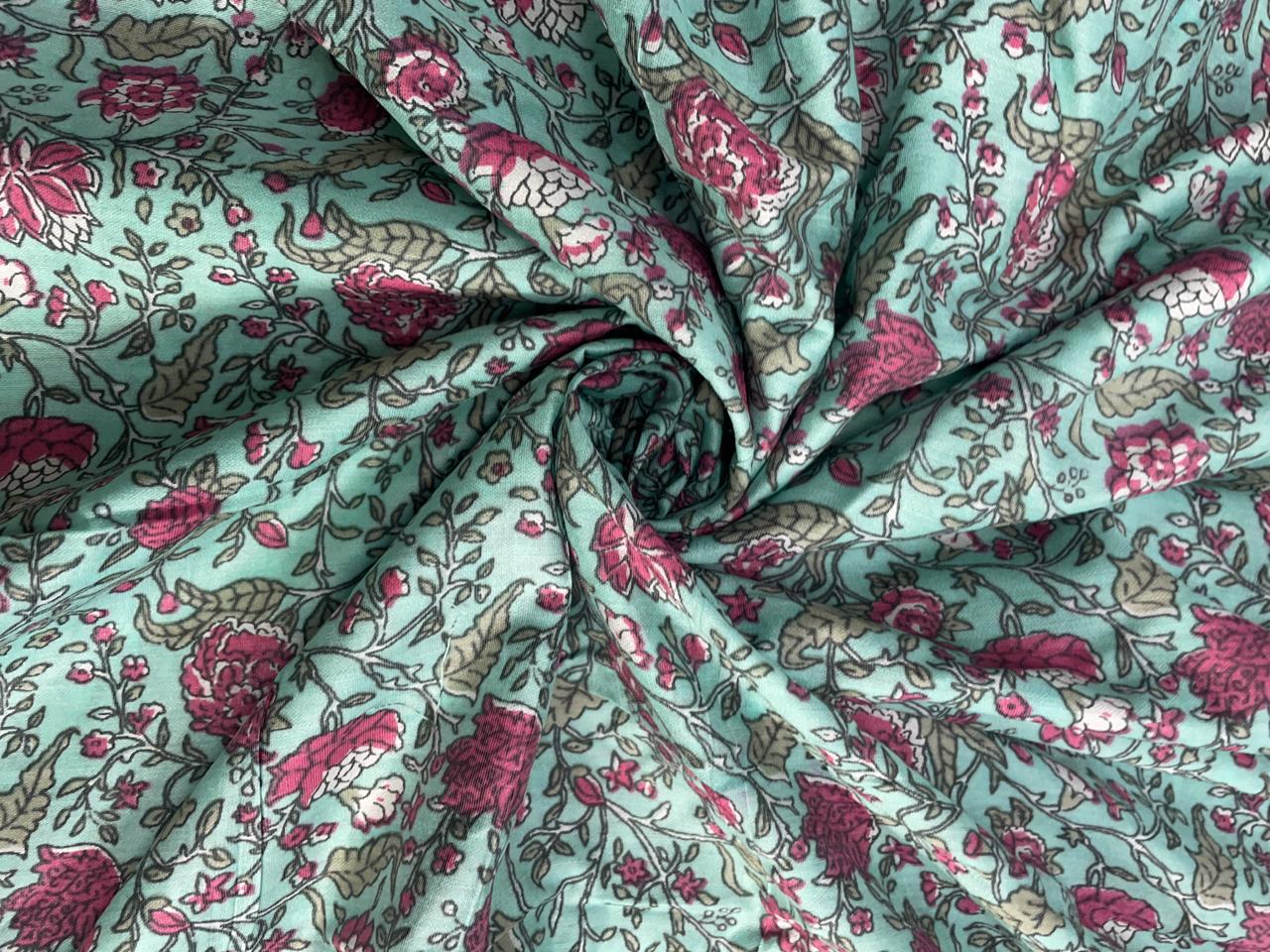 Sky Blue Floral Chanderi Fabric KTEX