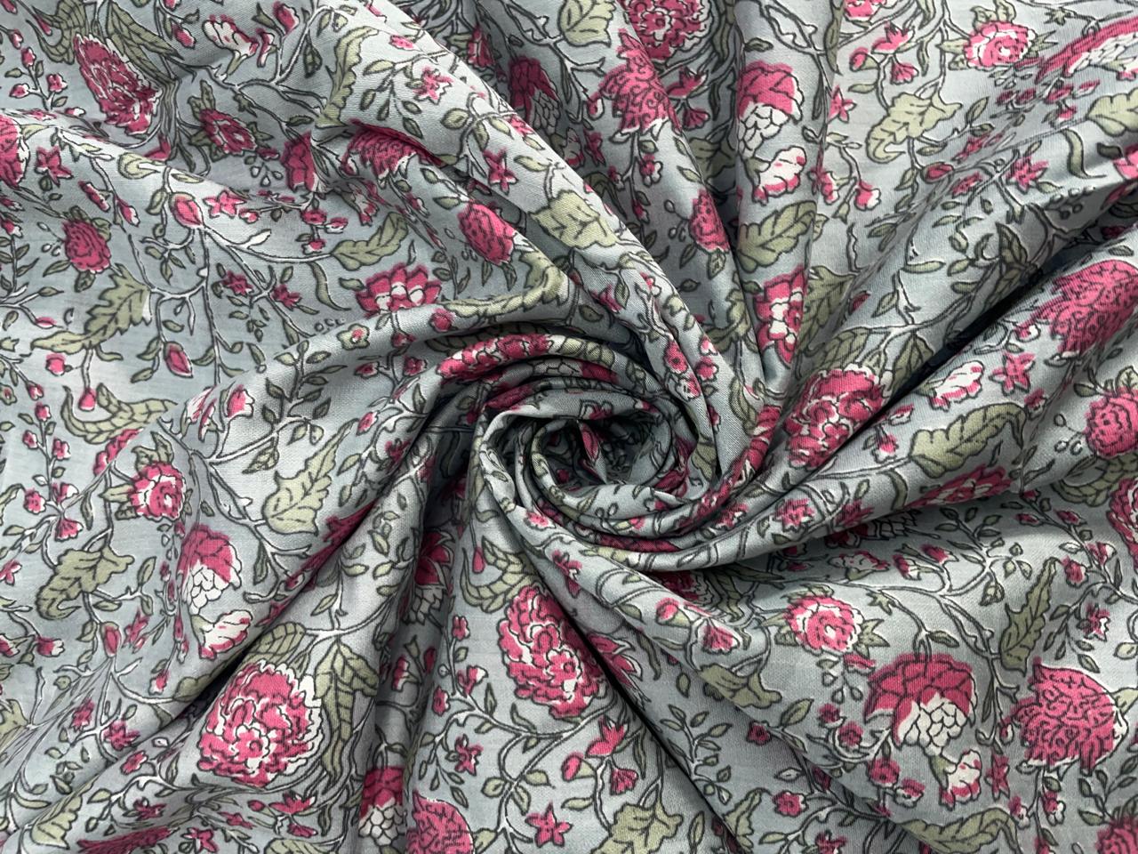 Grey Floral Chanderi Fabric KTEX
