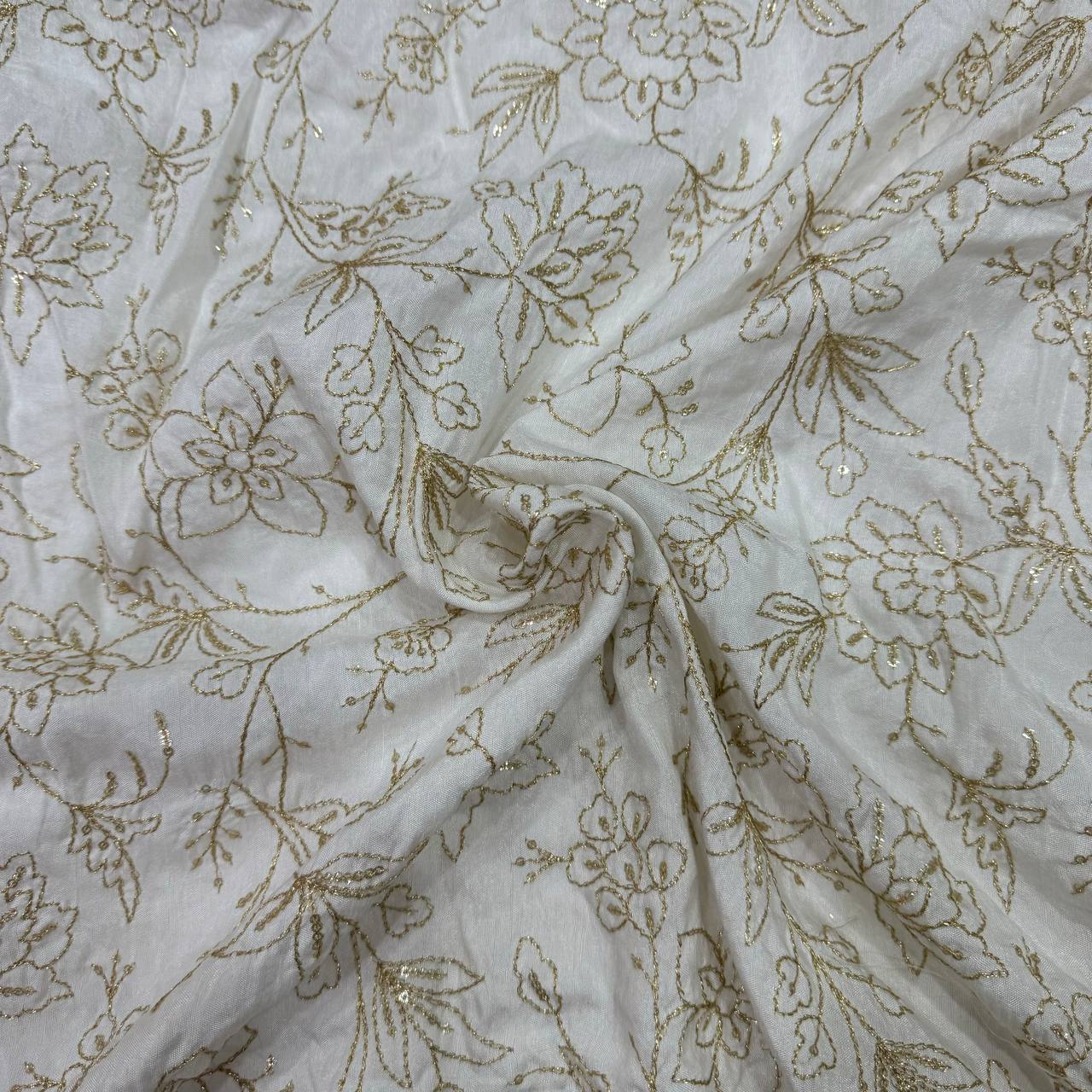 White & Golden Floral Sequins Embroidered Dyeable Viscose Dola Silk Fabric Jayshree Fabric