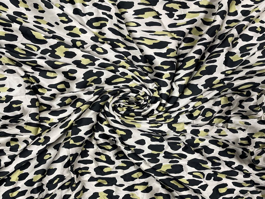 White & Black Leopard Print Satin Fabric - Kapda Shop