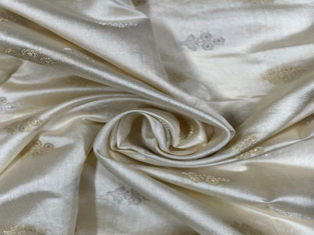 White Golden Zari Silver Floral Dyeable Pure Chenia Silk Fabric - Kapda Shop