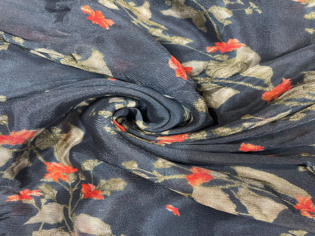 Dark Blue Floral Chiffon Fabric - Kapda Shop
