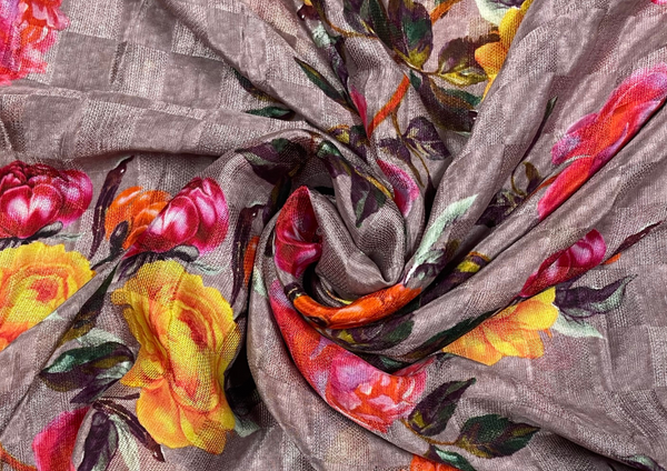 Multicolor Floral Printed Pure Checknet Silk Fabric
