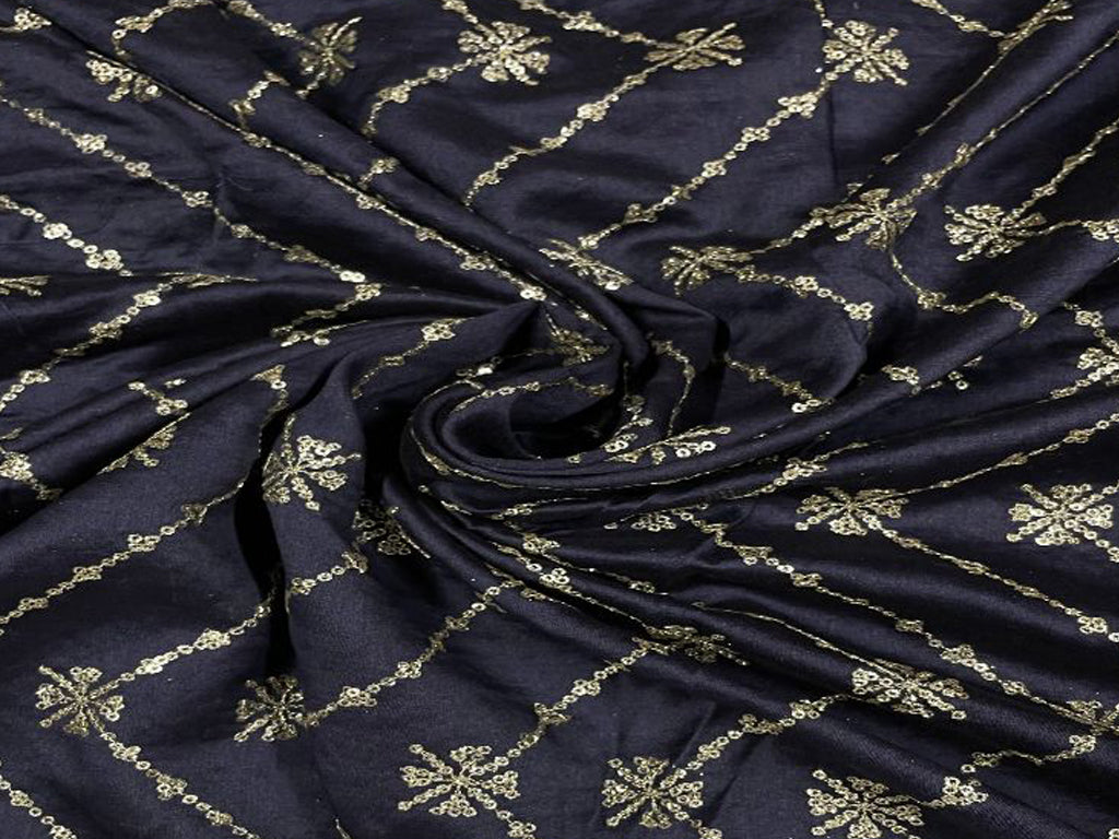 Navy Blue Chevron Pure Chanderi Embroidered Silk Fabric - Kapda Shop