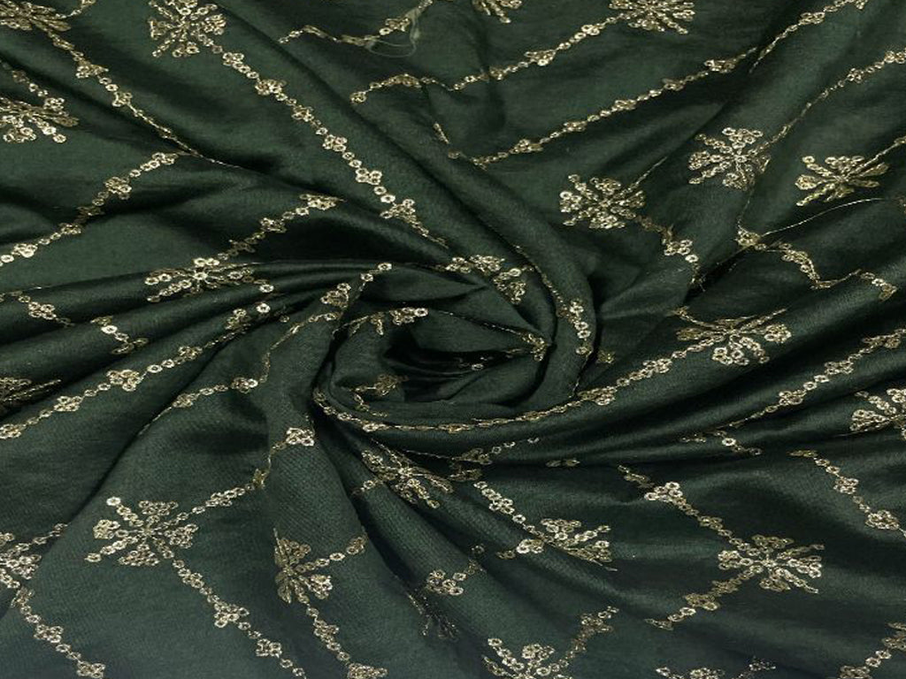 Dark Green Chevron Pure Chanderi Embroidered Silk Fabric - Kapda Shop