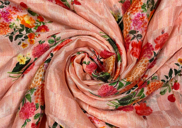 Peach Floral Printed Pure Checknet Silk Fabric