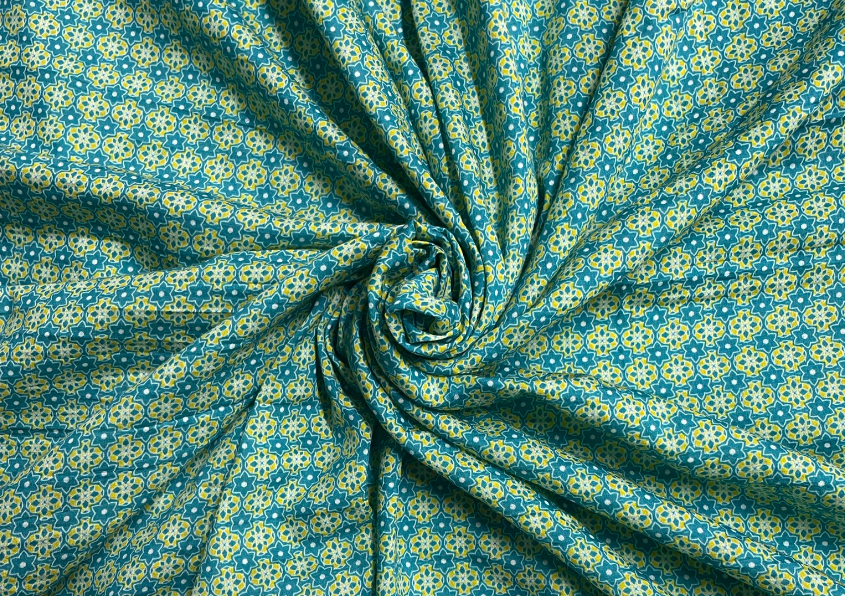 Blue Green Geometric Printed Pure Cotton Silk Fabric - Kapda Shop