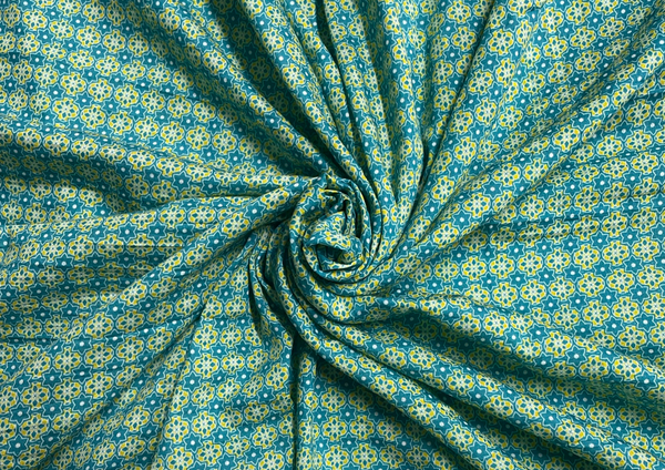 Blue Green Geometric Printed Pure Cotton Silk Fabric