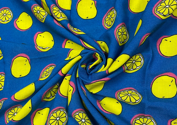 Blue and Lemon Yellow Printed Rayon Fabric