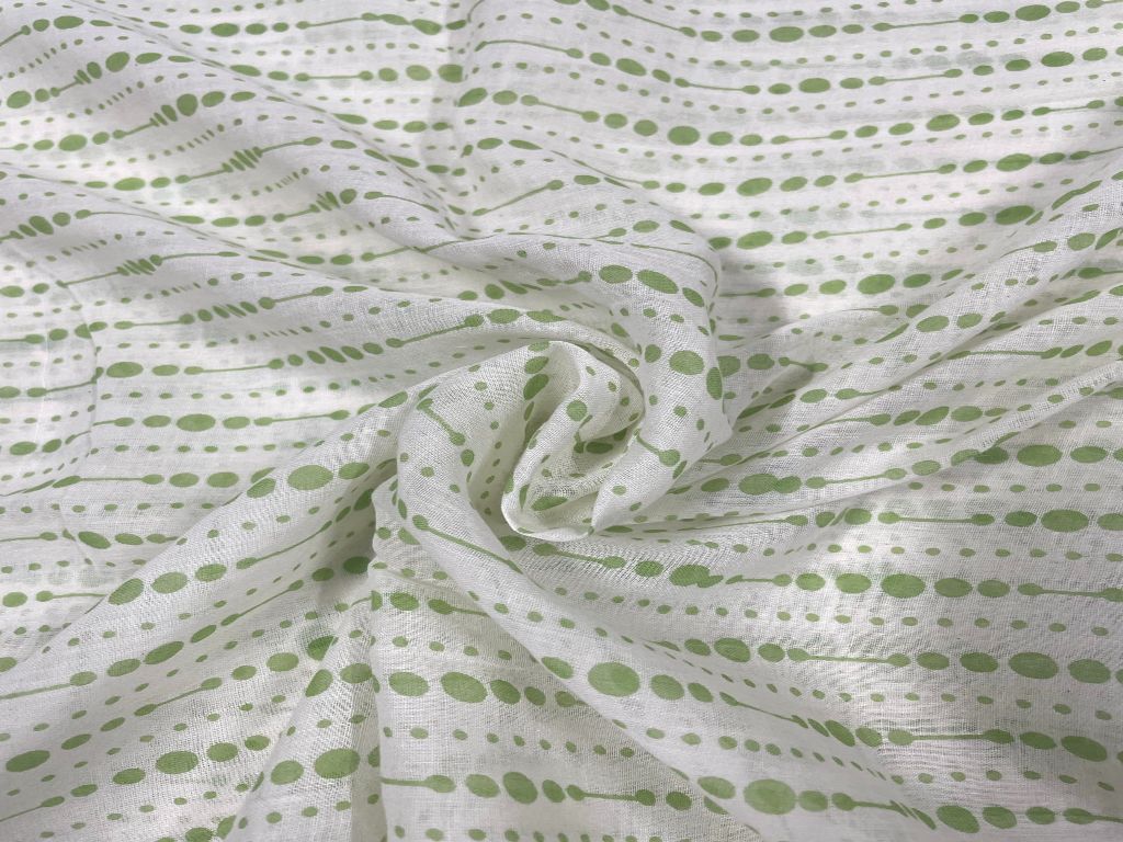 White & Green Stripes Printed Cotton Mul Fabric - Kapda Shop