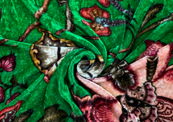 Green Floral Printed Pure Silk Velvet Fabric