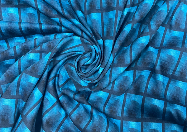 Blue Checks Printed Pure Cotton Silk Fabric