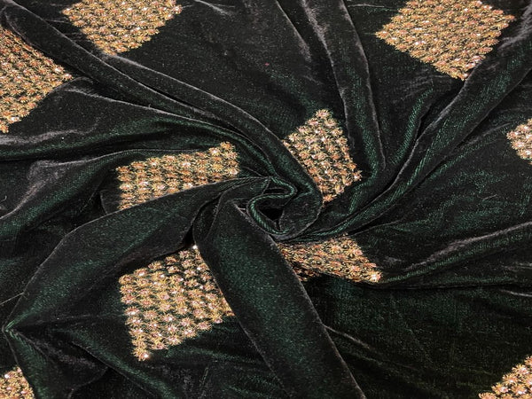 Bottle Green Geometric Embroidered Velvet Fabric