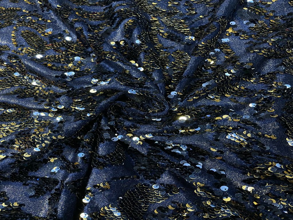 Navy Blue Velvet Sequins Fabric - Kapda Shop