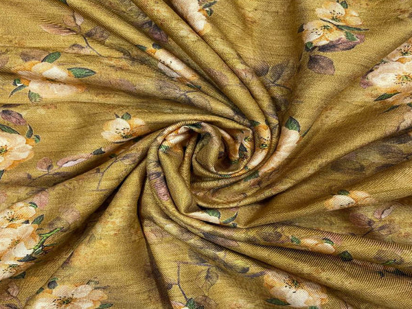 Mustard Floral Printed Semi Pashmina Fabric