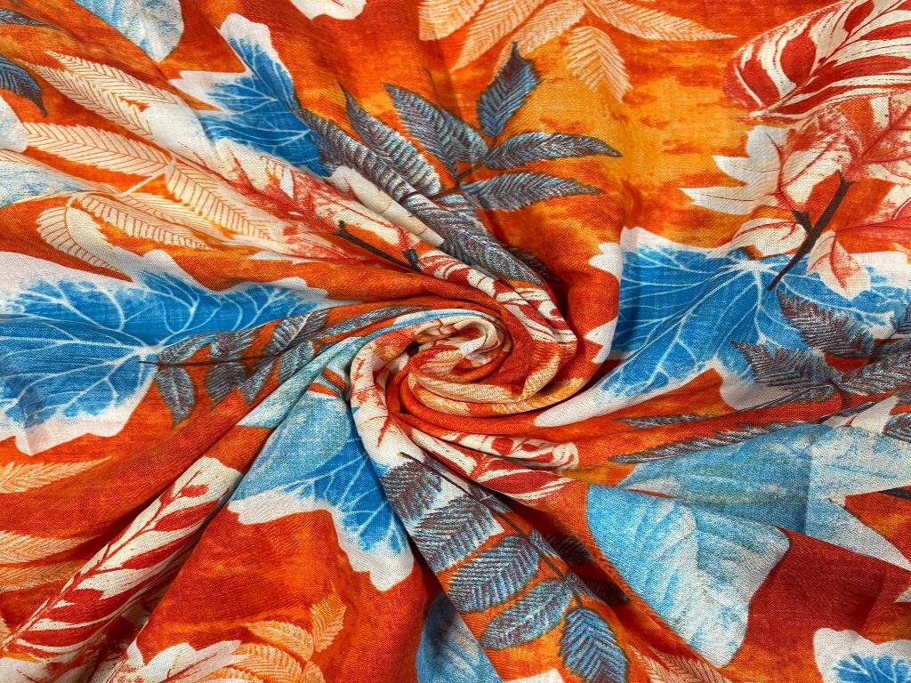 Orange Floral Printed Cotton Fabric - Kapda Shop