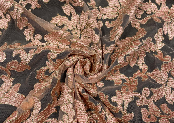 Peach Floral Embroidered Net Fabric