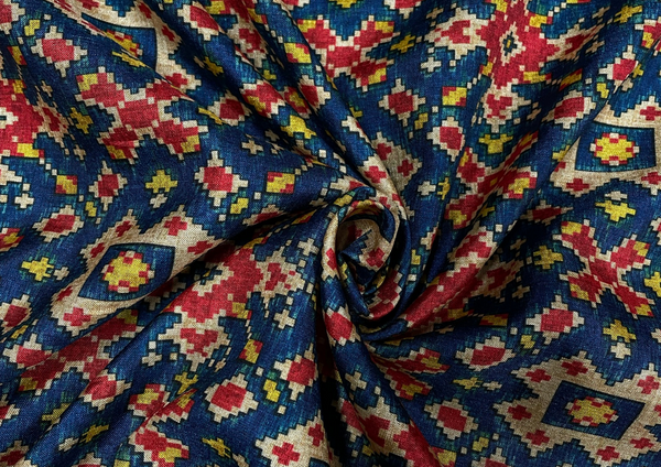 Dark Blue Red Geometric Printed Semi Tussar Silk Fabric