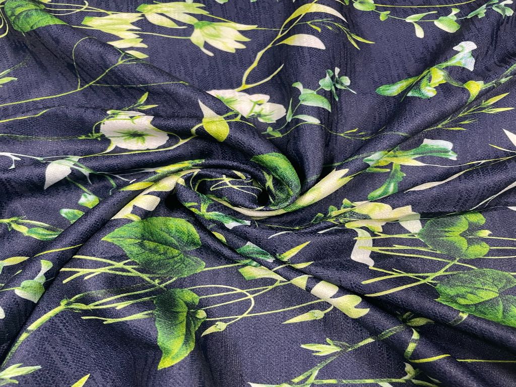 Navy Blue Floral Imported Denim Fabric - Kapda Shop