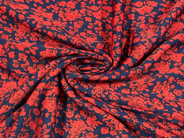 Navy Blue & Red Floral Printed Crepe Fabric