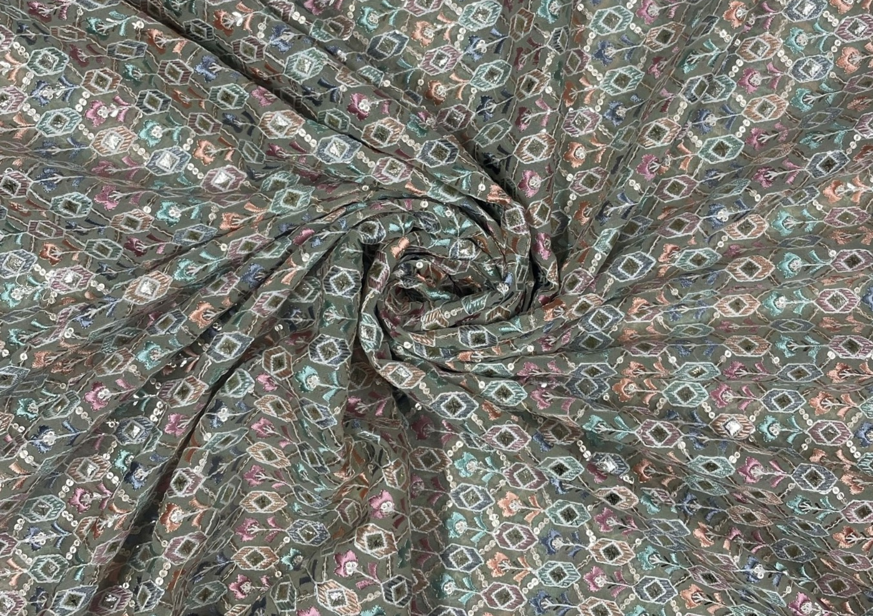 Olive Green Geometric Embroidered Dyed Georgette Fabric - Kapda Shop