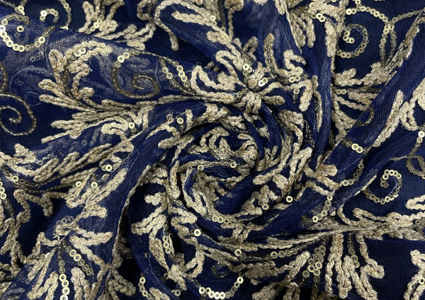 Blue Golden Abstract Embroidered Net Fabric