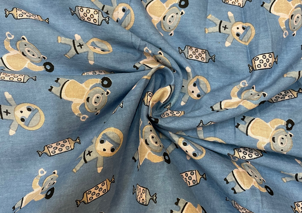 Steel Blue Quirky Cotton Cambric Print Fabric