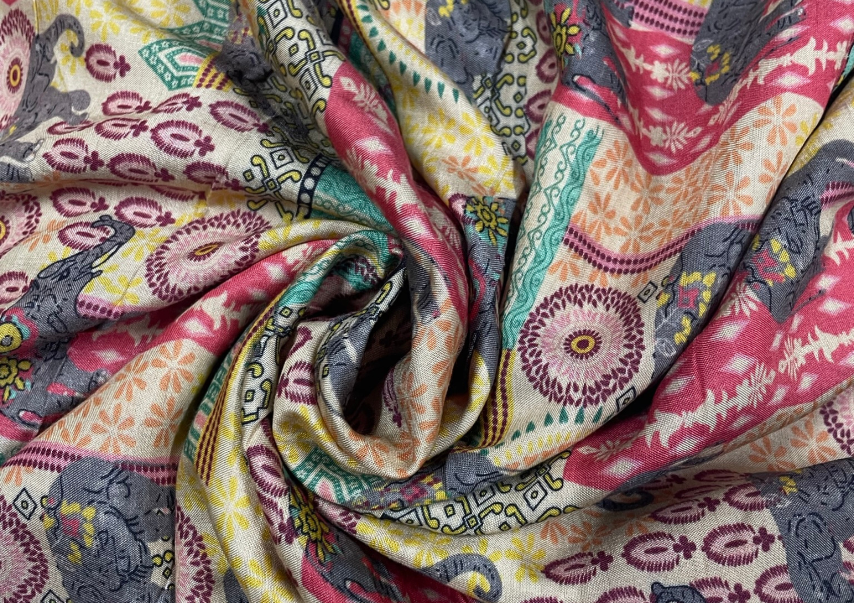 Multicolor Quriky Printed Pure Monga Silk Fabric - Kapda Shop