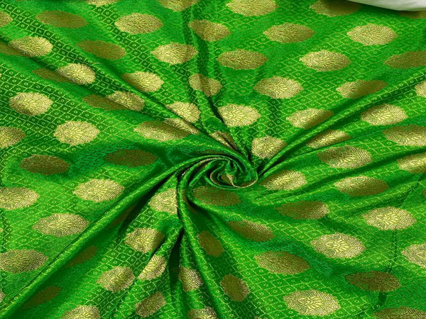 Parrot Green & Golden Motifs Semi Brocade Viscose Fabric