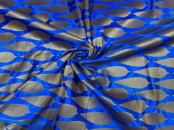 Blue & Golden Motifs Semi Brocade Viscose Fabric