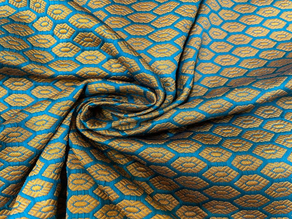 Turquoise Blue & Golden Motifs Semi Brocade Viscose Fabric