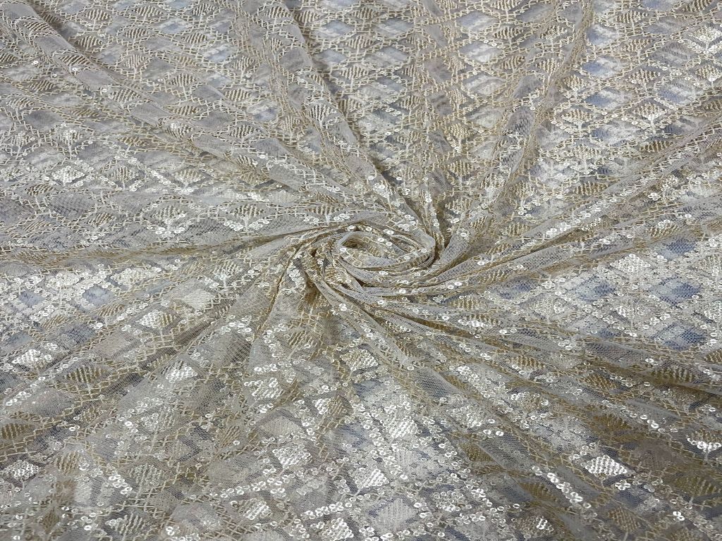 White Geometric Dyeable Embroidered Net Fabric - Kapda Shop