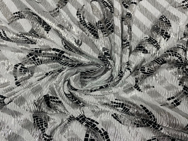 White Black Abstract Pleated Lycra Fabric