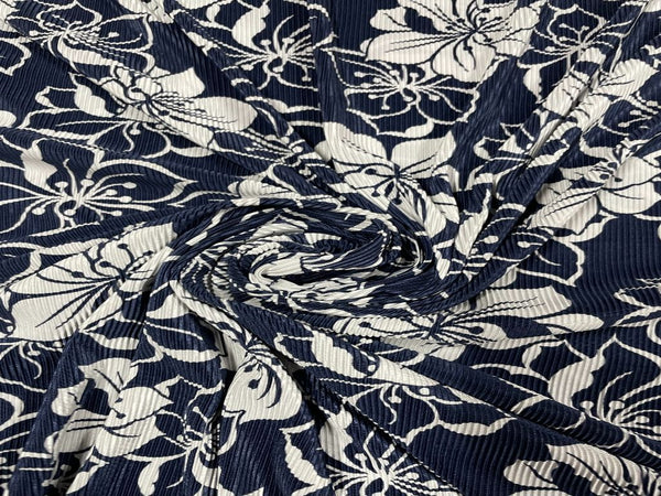 Navy Blue White Floral Printed Pleated Lycra Fabric
