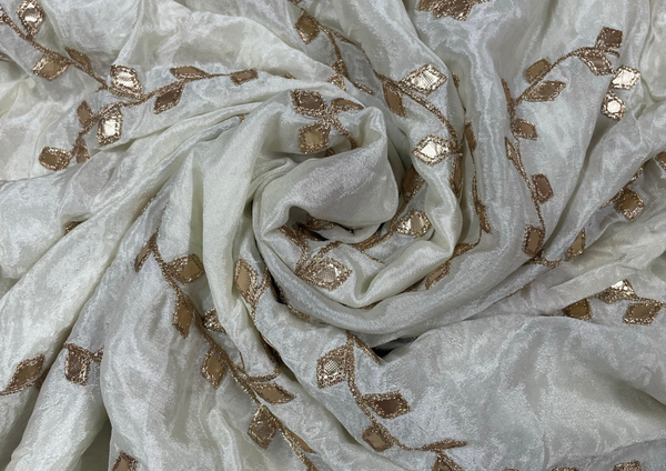 Off-White Floral Gota Patti Embroidered Semi Chiffon Fabric