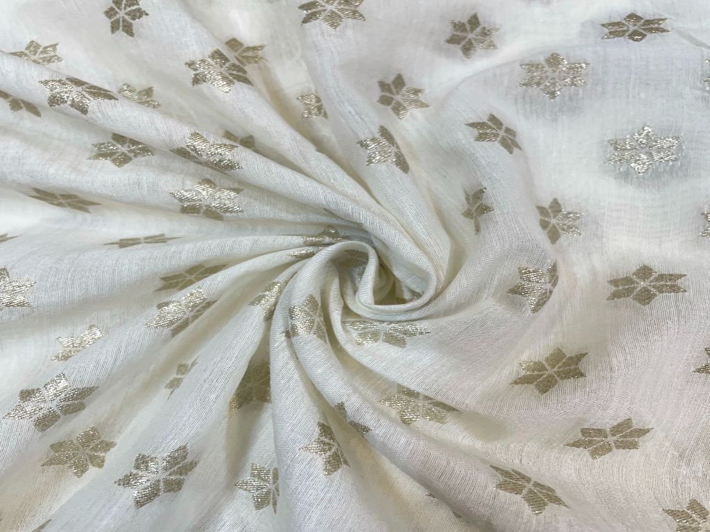White & Silver Traditional Dyeable Pure Chanderi Zari Fabric - Kapda Shop