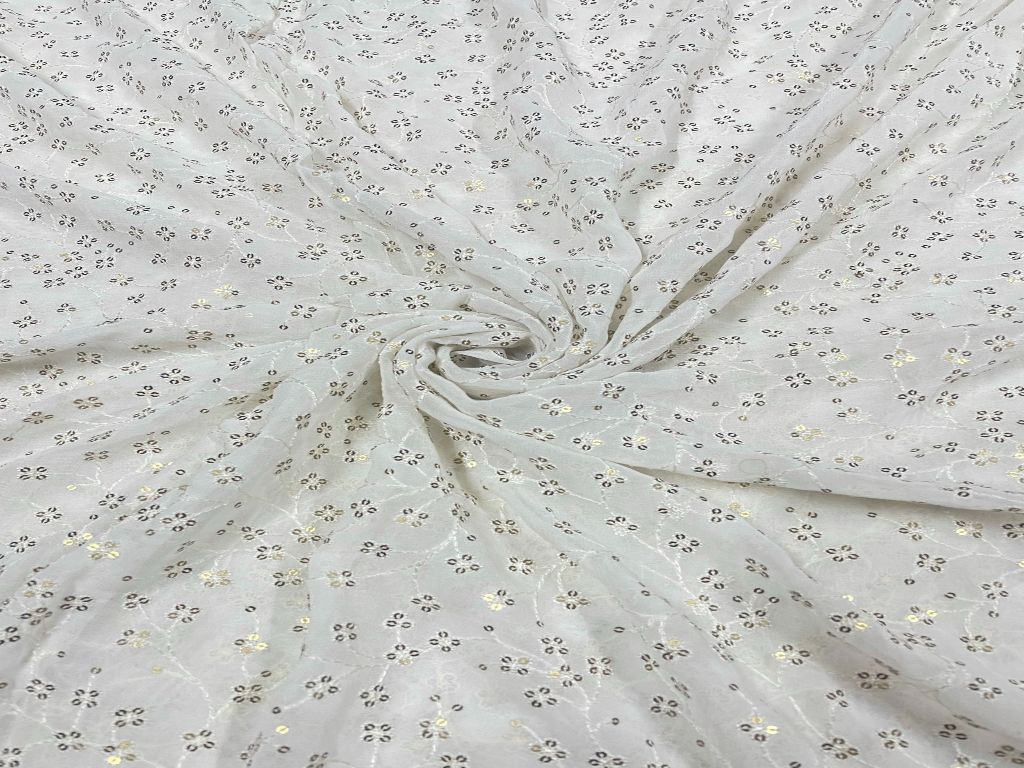 Dyeable Embroidered Georgette White Golden Floral 8 - Kapda Shop