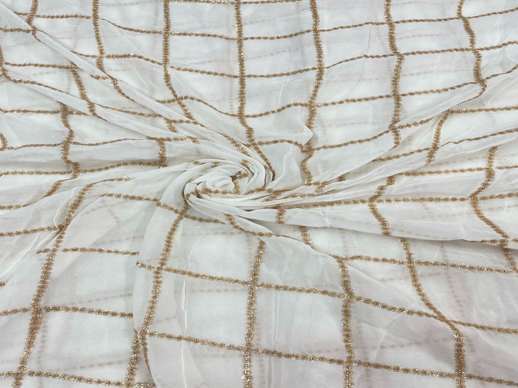 White & Golden Checks Dyeable Embroidered Georgette Fabric - Kapda Shop