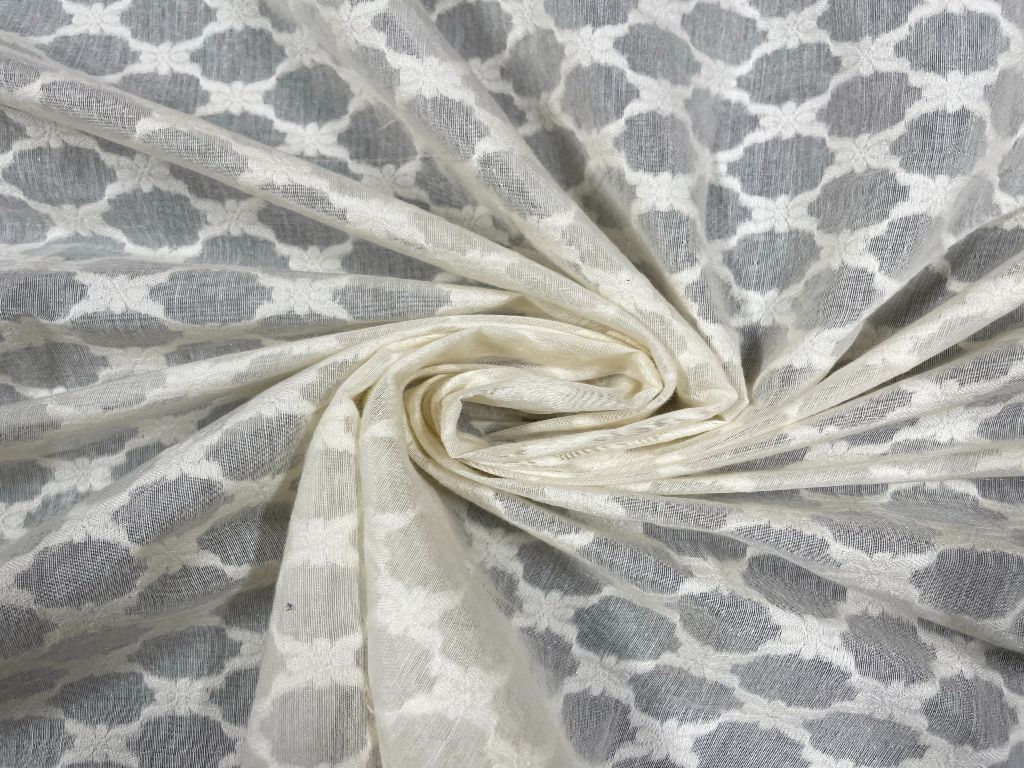 White Geometric Dyeable Pure Chanderi Self Fabric - Kapda Shop