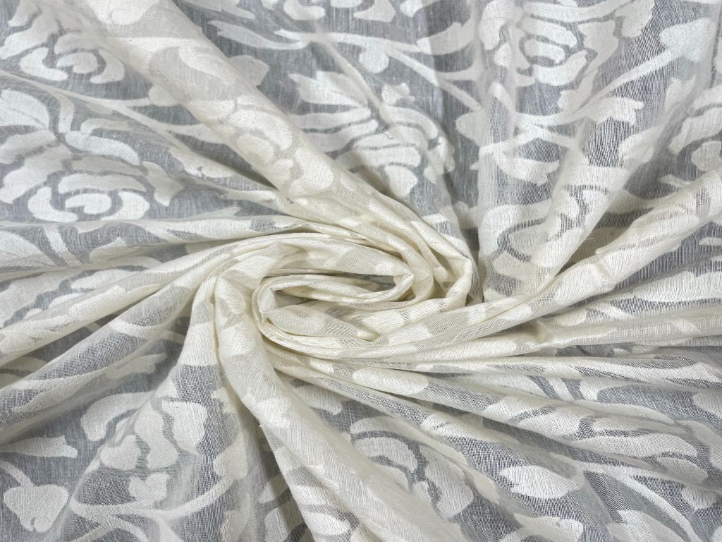 White Floral Dyeable Pure Chanderi Self Fabric - Kapda Shop