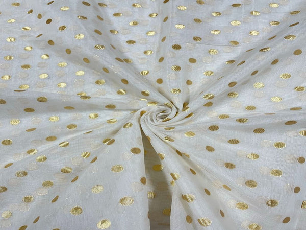 White Golden Zari Polka Dots Pure Chanderi Fabric